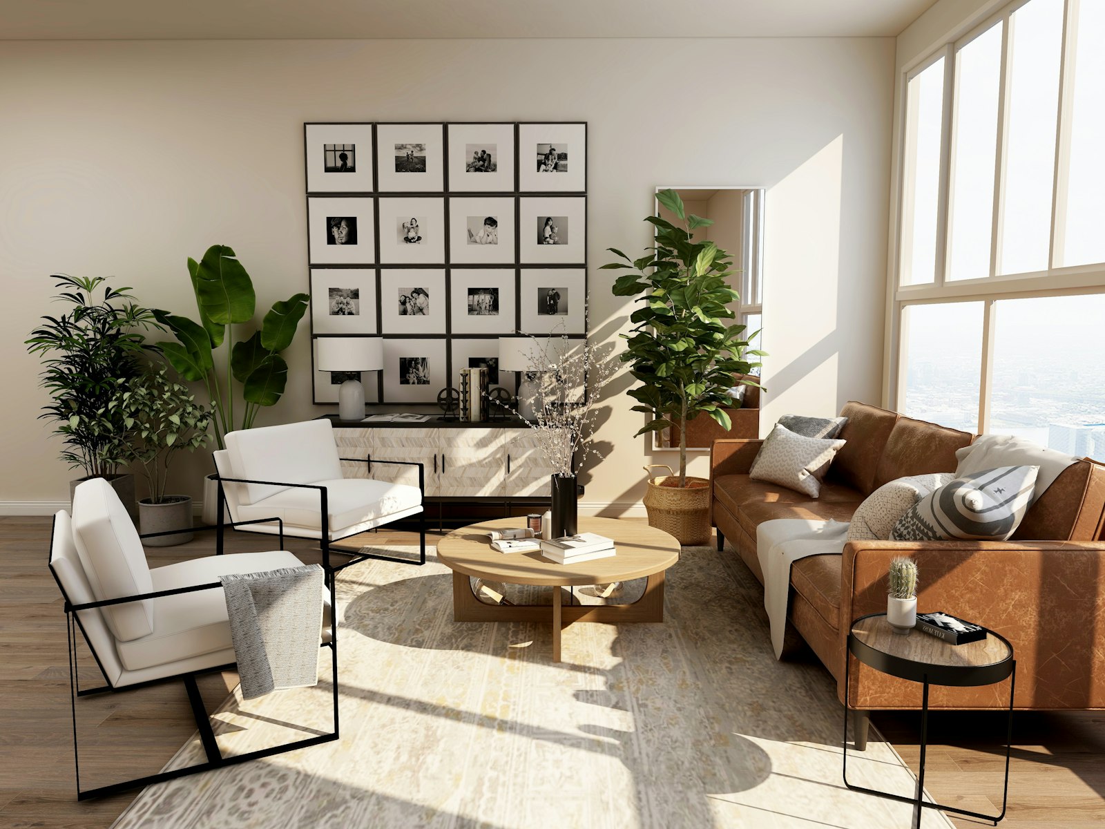 Salon contemporain, lumière naturelle et matières chaudes