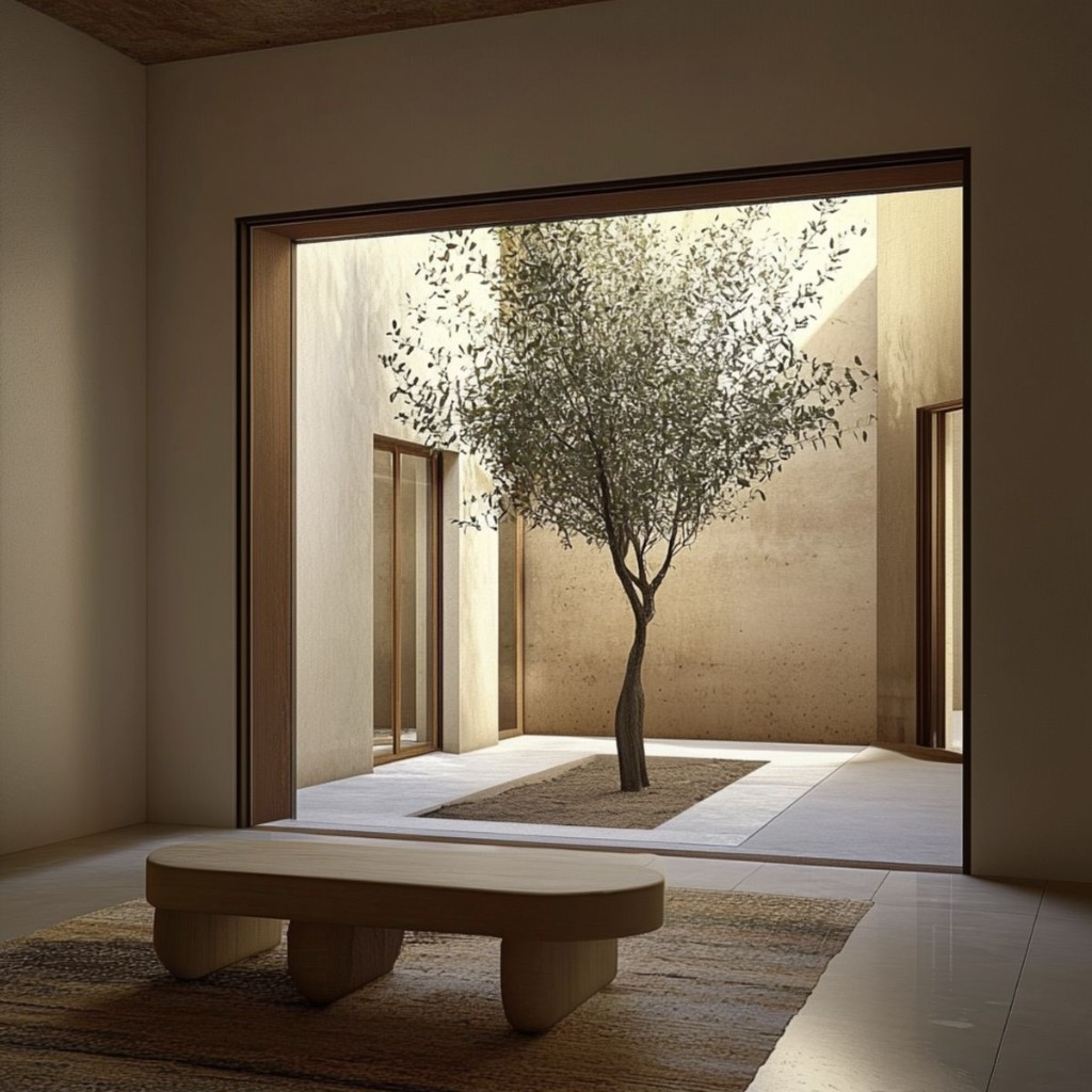 Patio intérieur, arbre et lumière naturelle
